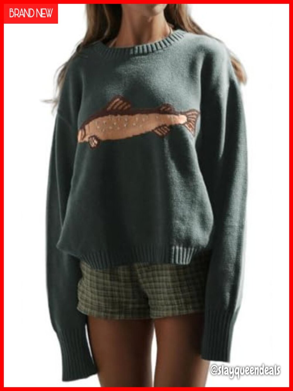 Oversized Rib Knit Pullover Sweater Crew Neck Carp Graphic Y2K